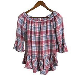 Beach Lunch Lounge Womens Red Blue Plaid Off Should Ruffle Trim Blouse XS